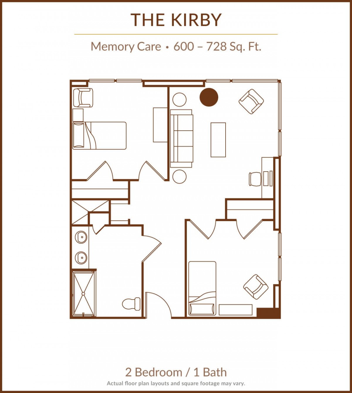 A floor plan labeled 'The Kirby', featuring a layout with 2 bedrooms, 1 bathroom, a kitchen, and a living area.