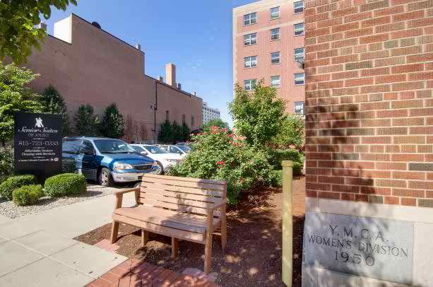 An urban scene featuring a wooden bench beside a brick wall, with parked cars and buildings in the background under a clear blue sky.