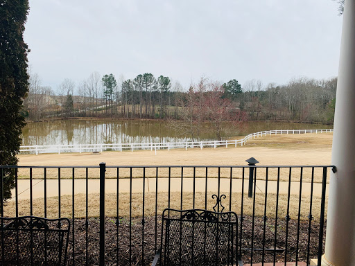 A serene view of a waterlogged field bordered by trees, framed by a decorative fence.