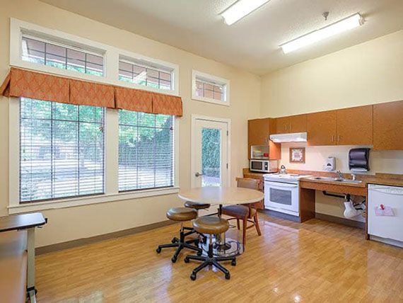 A spacious kitchen area with modern appliances and natural lighting.