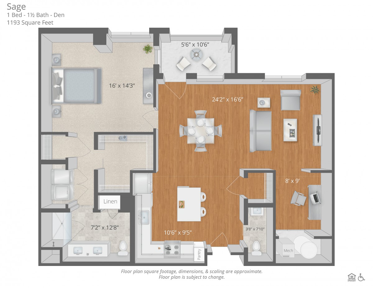 A detailed apartment floor plan showcasing room layouts and furniture arrangement.