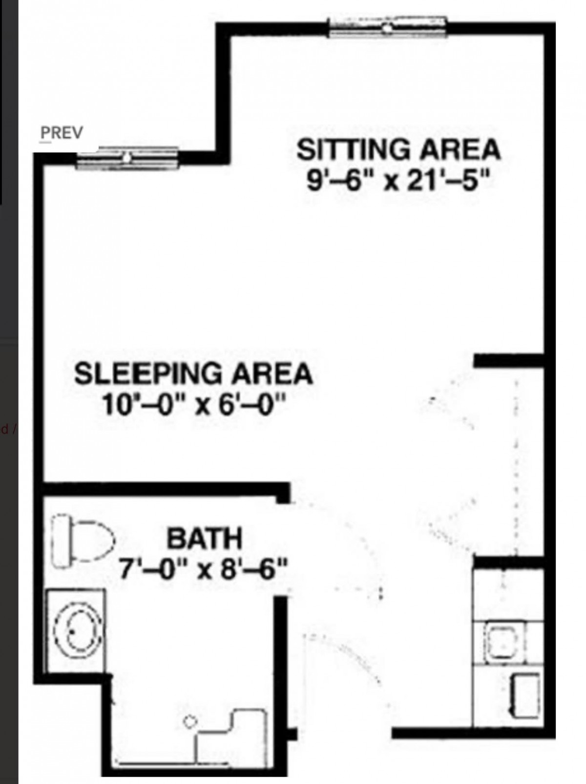 A floor plan showing a sitting area, sleeping area, and bathroom.