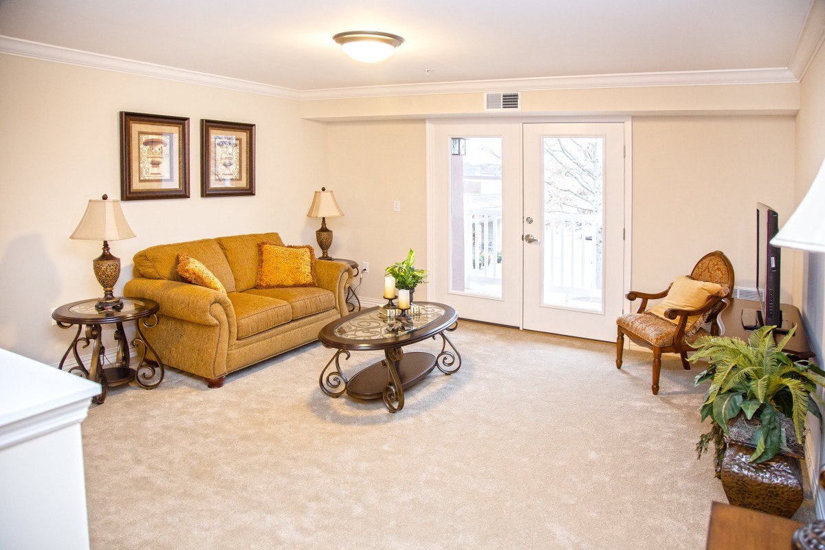 A cozy living room with a sofa, coffee table, and elegant decor.