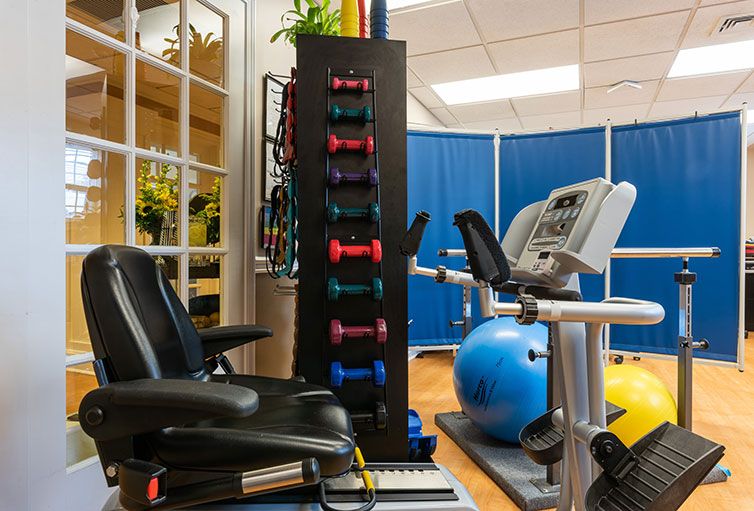 A well-equipped gym with various exercise equipment, including dumbbells, a stationary bike, and an exercise ball.
