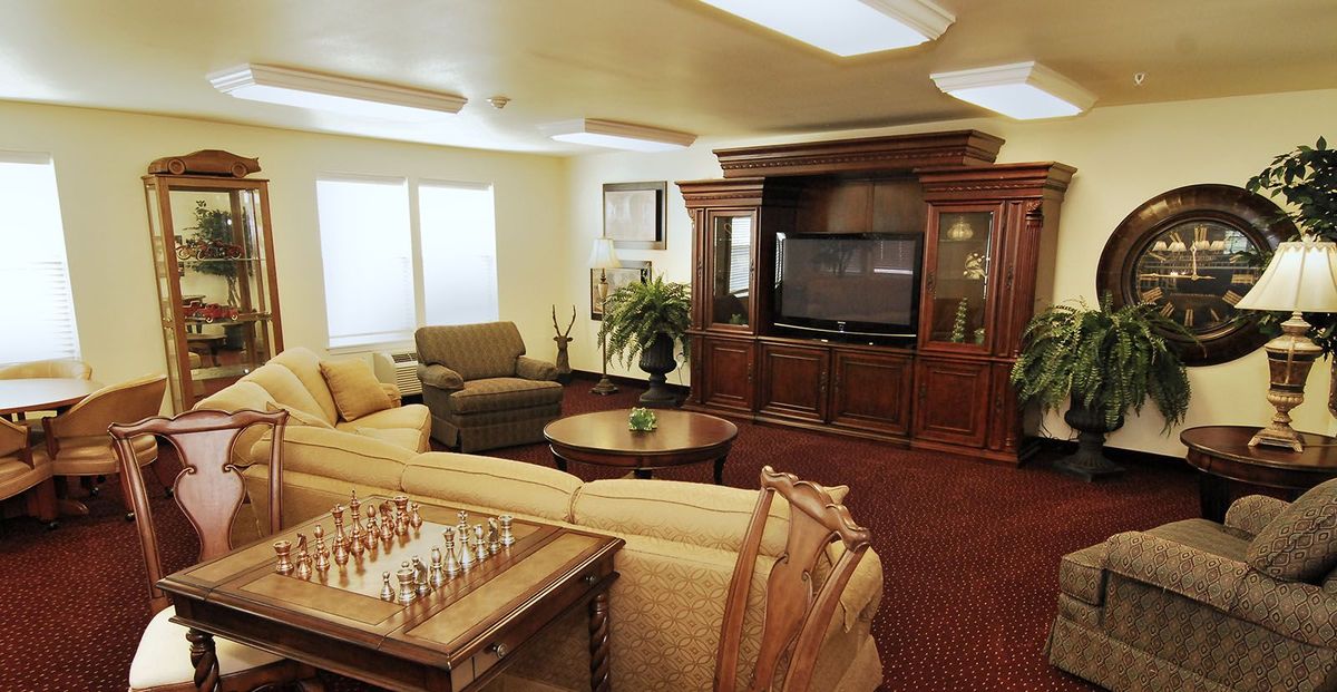 A cozy living room with a television, sofa, armchair, and a chessboard on the table.