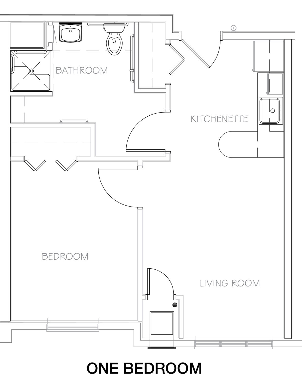 A floor plan of a one-bedroom apartment featuring a living room, kitchen, bathroom, and bedroom.