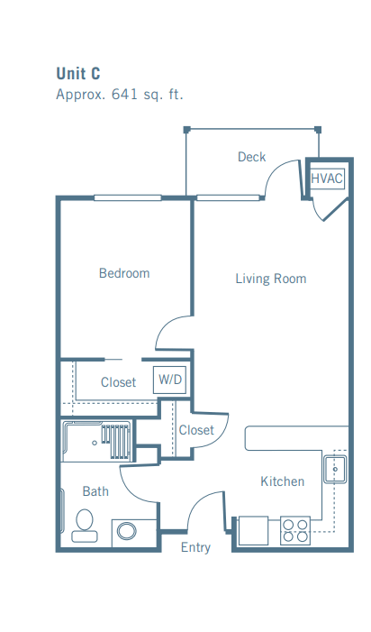 A floor plan of a one-bedroom apartment showing the living room, kitchen, bathroom, and closets.