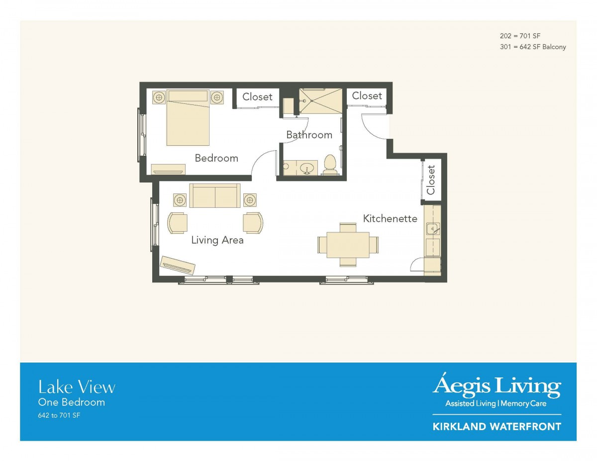 A floor plan of a one-bedroom apartment featuring a living area, kitchen, bathroom, and closets.