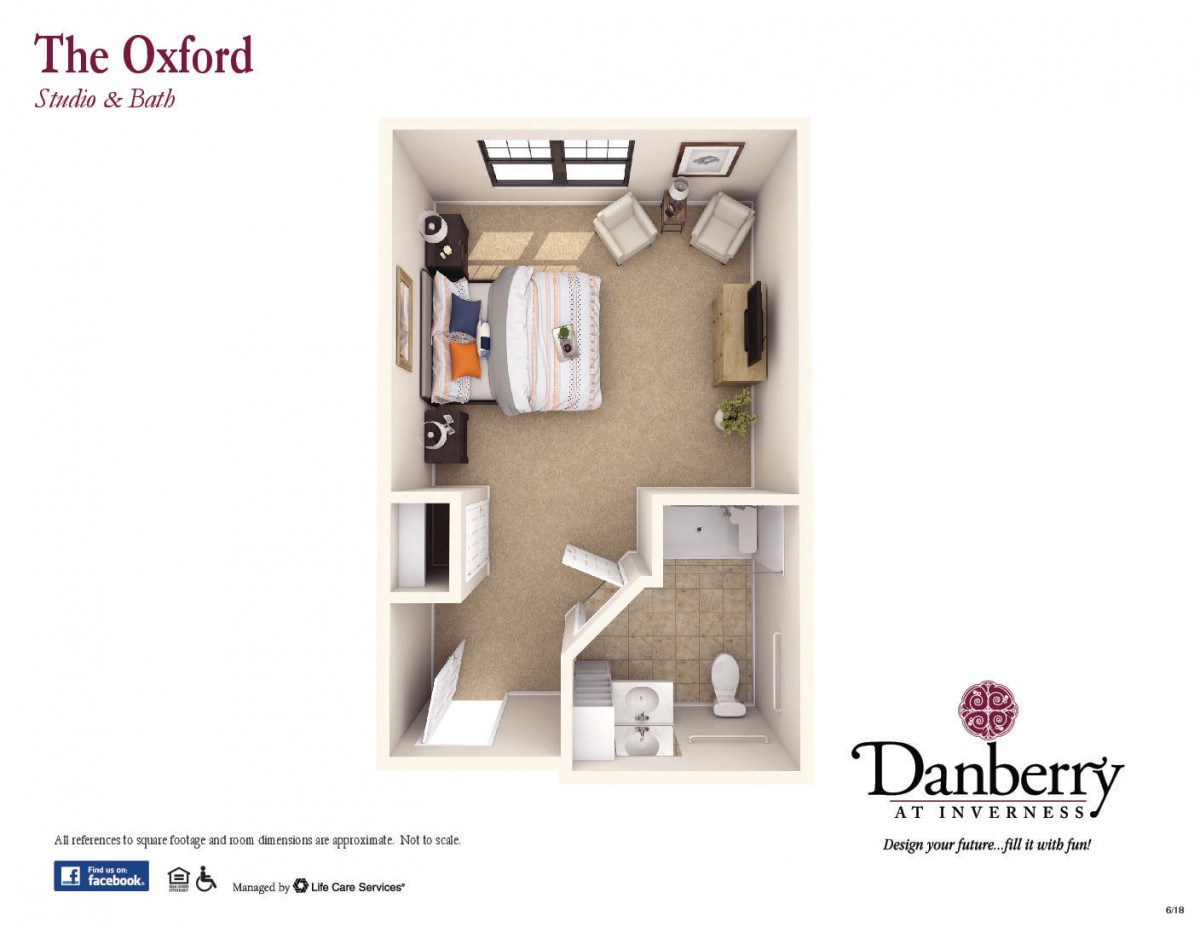 A studio apartment floor plan with a bed, seating area, small kitchen, and bathroom.