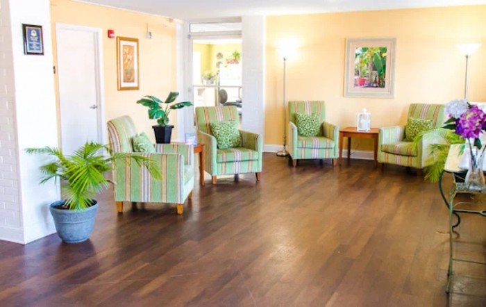 A bright and inviting waiting area with comfortable seating and plants.