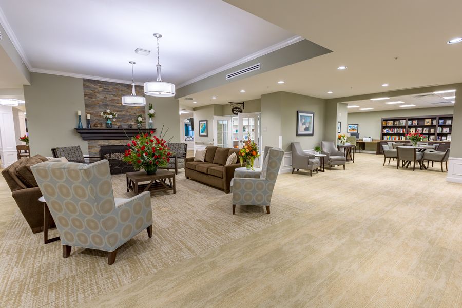 A modern lobby with comfortable seating and stylish decor.