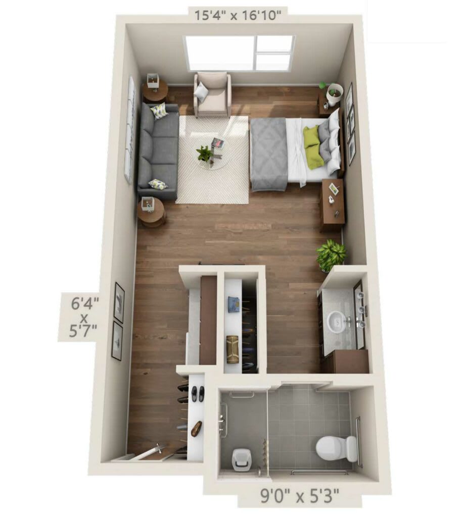3D render of a studio apartment layout with combined living and sleeping areas, a kitchenette, and a bathroom.