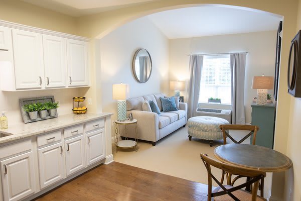 A cozy living room with a comfortable sofa, armchair, and elegant home decor.