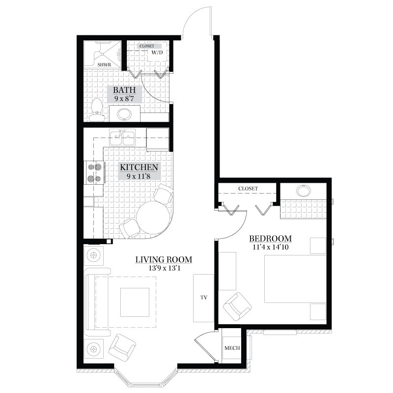 A floor plan layout of an apartment with designated living room, bedroom, and bathroom areas.