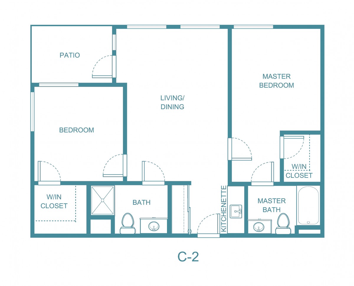 A floor plan of a two-bedroom apartment with living room, bathrooms, and patio.