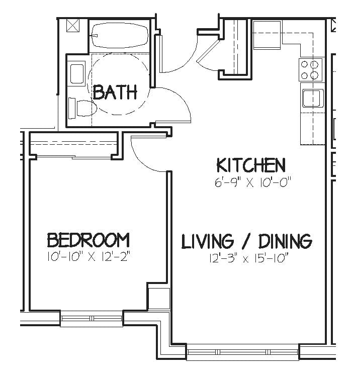A floor plan of a one-bedroom apartment with a bath, kitchen, and living/dining area.