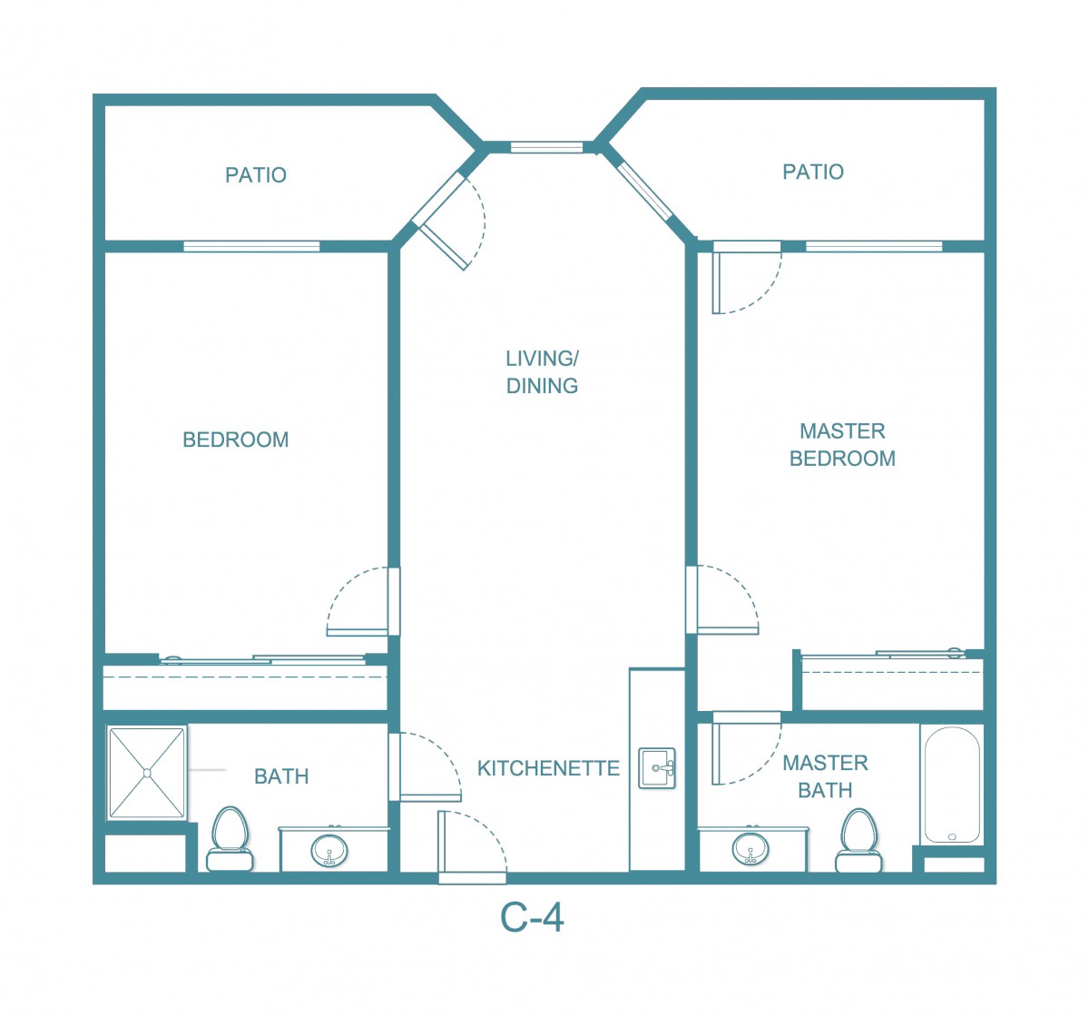 A floor plan of a two-bedroom apartment with a living room and two bathrooms.