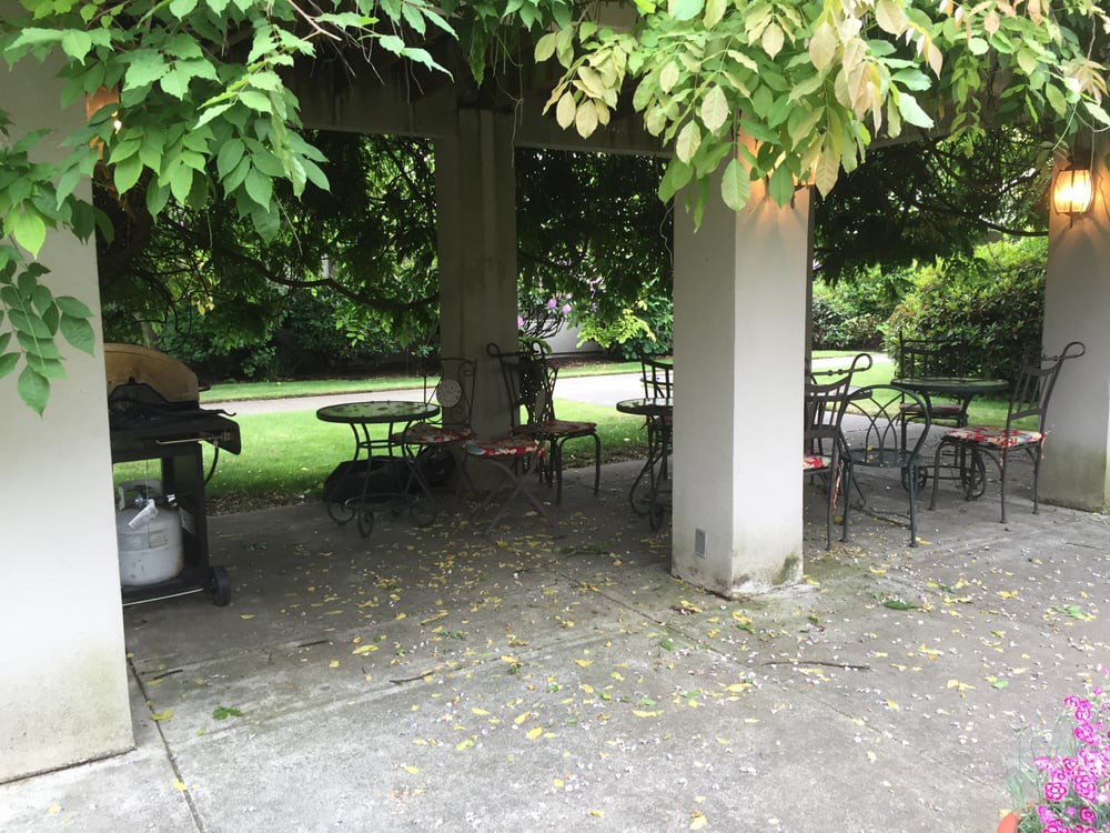 A serene outdoor gazebo with chairs and tables surrounded by lush greenery.