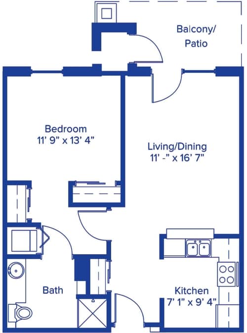 A floor plan of a one-bedroom apartment featuring a living/dining area, kitchen, bathroom, and patio.