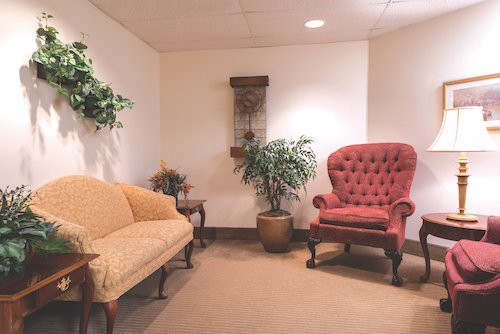 A cozy waiting area with a sofa, an armchair, and potted plants.