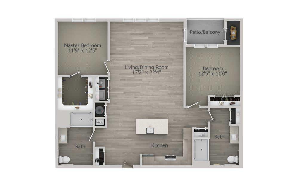 A two-bedroom apartment floor plan with an open living room and kitchen area, featuring a kitchen island and a patio/balcony.