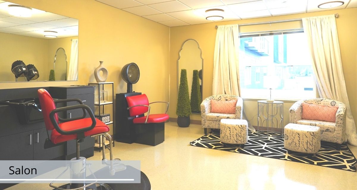 A bright and modern salon interior with a hair dryer station and stylish decor.