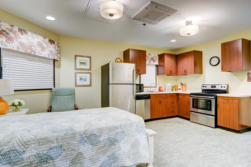 Cozy apartment interior featuring a combined kitchen and bedroom area.