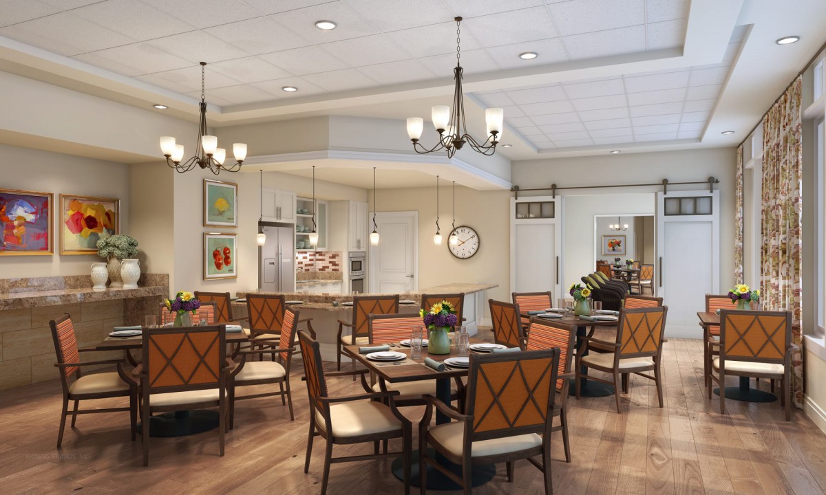 A well-decorated dining area with elegant chandeliers and neatly arranged tables and chairs.