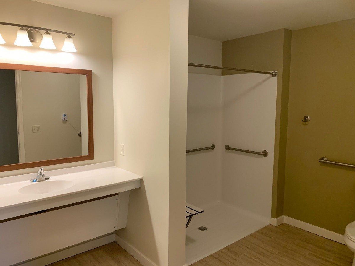 An accessible bathroom with a shower and sink, featuring grab bars for safety.