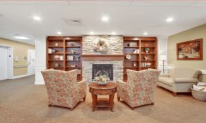 A cozy living room featuring a fireplace flanked by built-in bookshelves and two patterned armchairs.
