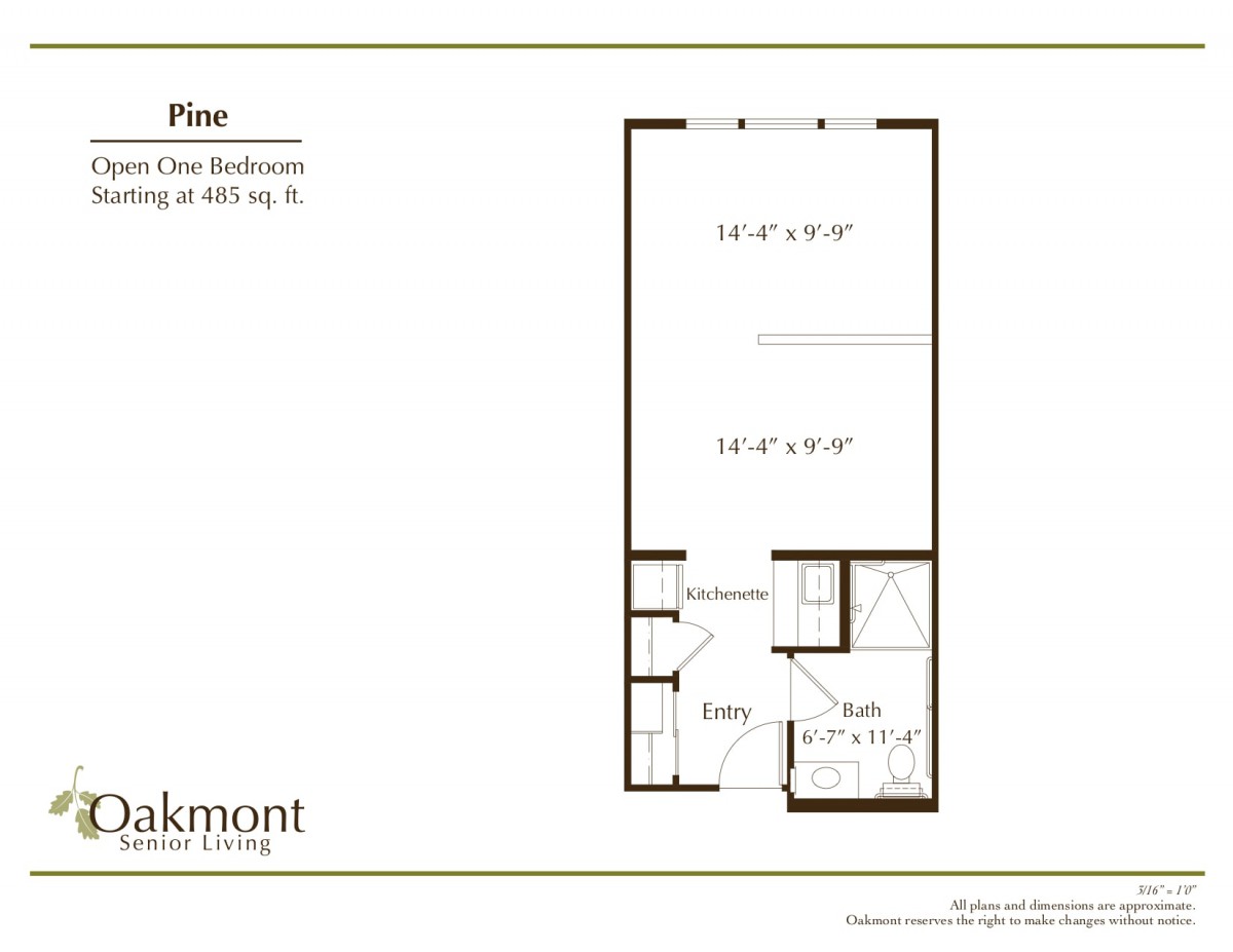 A studio apartment floor plan featuring a single bedroom and a bathroom.