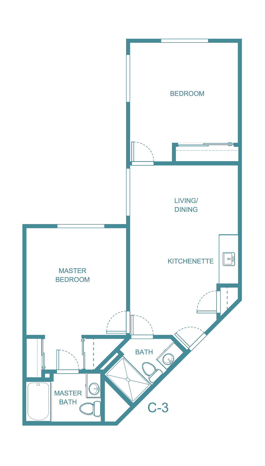 One-bedroom apartment floor plan with a kitchenette, living/dining area, and bathroom.