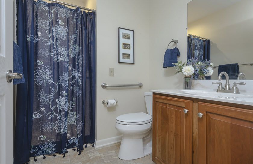 A clean and organized bathroom with a floral shower curtain, wooden cabinet, and decorative elements.