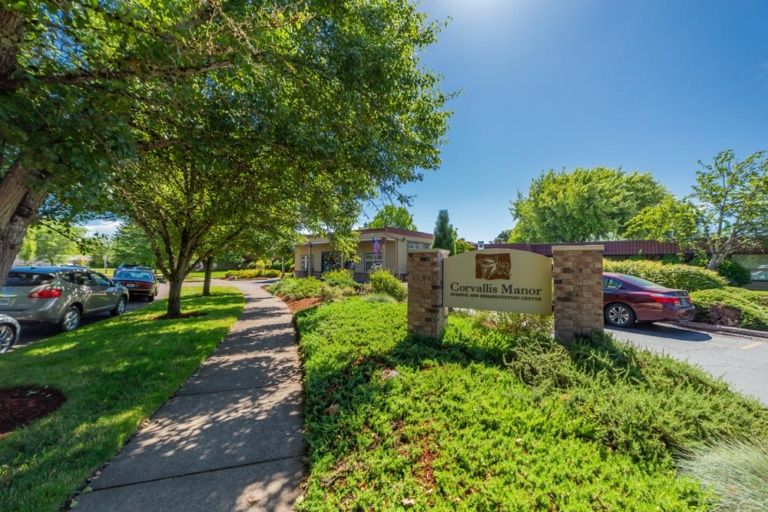 A sunny day in a park with a paved pathway, lush greenery, and parked cars near signage.