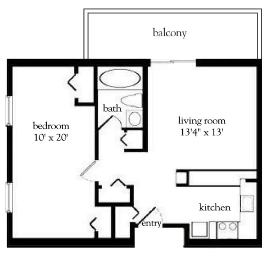 A floor plan of an apartment featuring a bedroom, bathroom, living room, kitchen, and balcony.