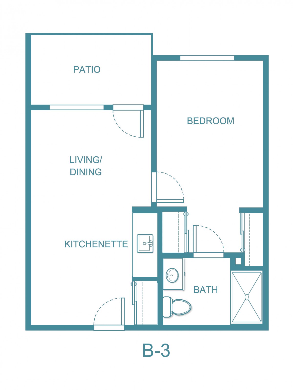 A floor plan of a one-bedroom apartment featuring a living/dining area, kitchenette, bathroom, and patio.