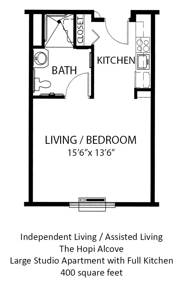 A floor plan of a studio apartment with designated areas for living/bedroom, kitchen, and bathroom.
