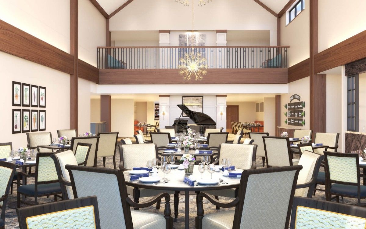 An elegant dining area with a grand piano and well-arranged tables and chairs.