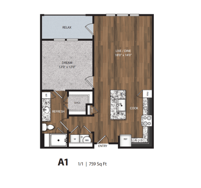 A floor plan of a one-bedroom apartment labeled 'A1', featuring an open living area, kitchen, and private balcony.