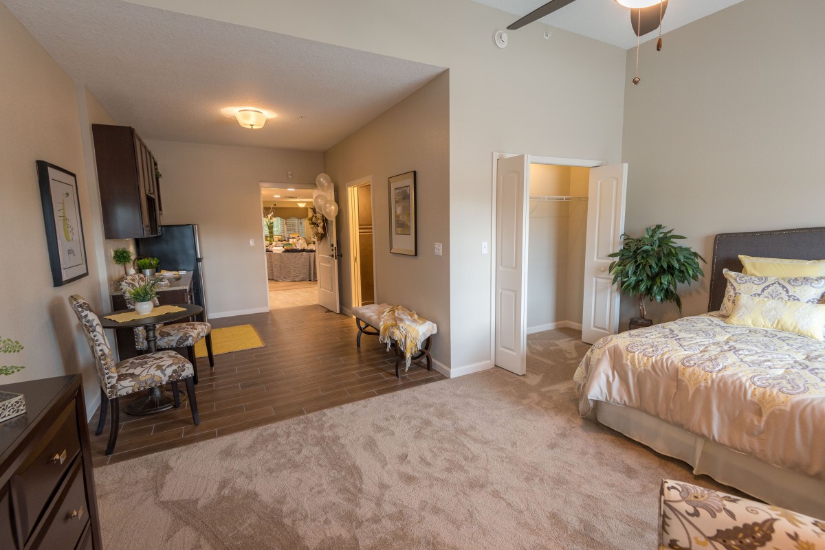 A modern bedroom with stylish decor and a cozy carpeted floor.