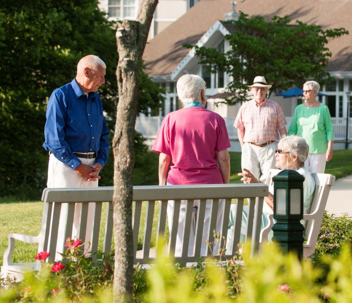 A group of seniors enjoying a sunny day in the park while socializing together.