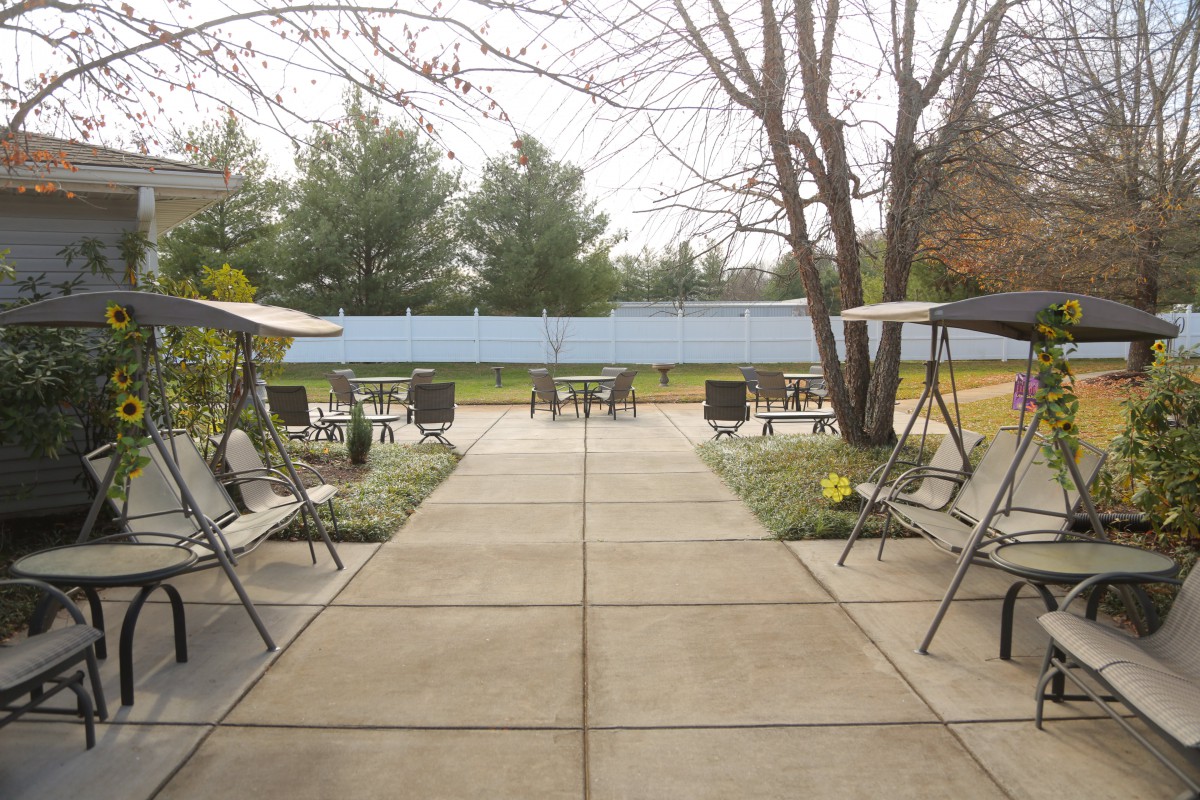 A spacious outdoor patio area with chairs and tables, surrounded by trees and greenery.