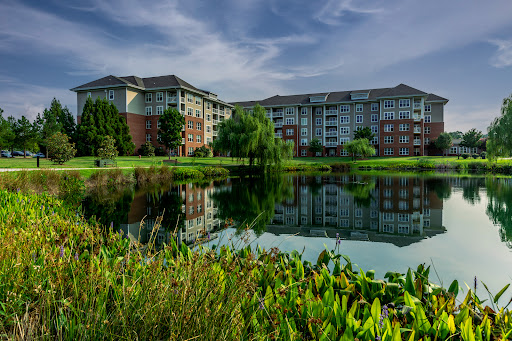 A tranquil lakeside view featuring modern residential buildings and lush greenery reflected in the water.