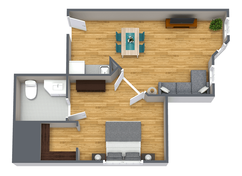 A 3D floor plan of a one-bedroom apartment featuring a living room, kitchen, and bathroom.