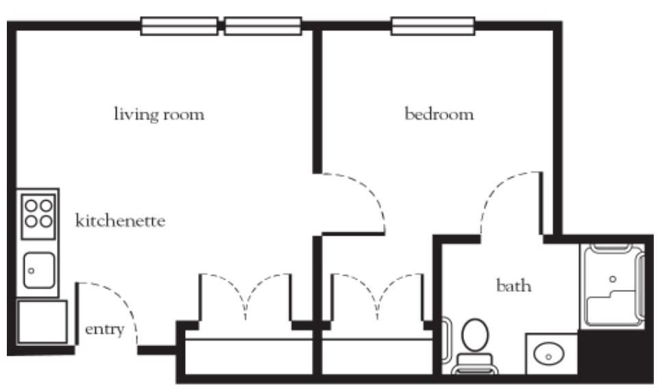 A simple floor plan showing the layout of an apartment with labeled rooms.
