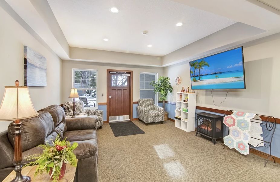 A cozy living room with sofas, a television, and a fireplace, decorated with plants.