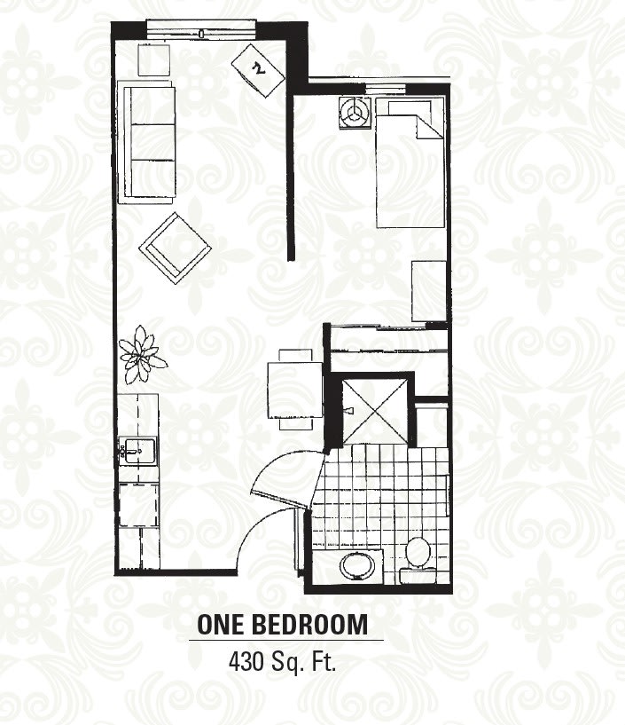 A floor plan of a one-bedroom apartment measuring 430 square feet.