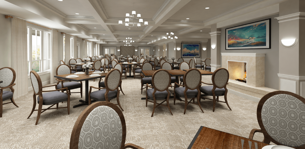 An elegant and spacious dining hall with neatly arranged tables and chairs, featuring modern lighting fixtures.