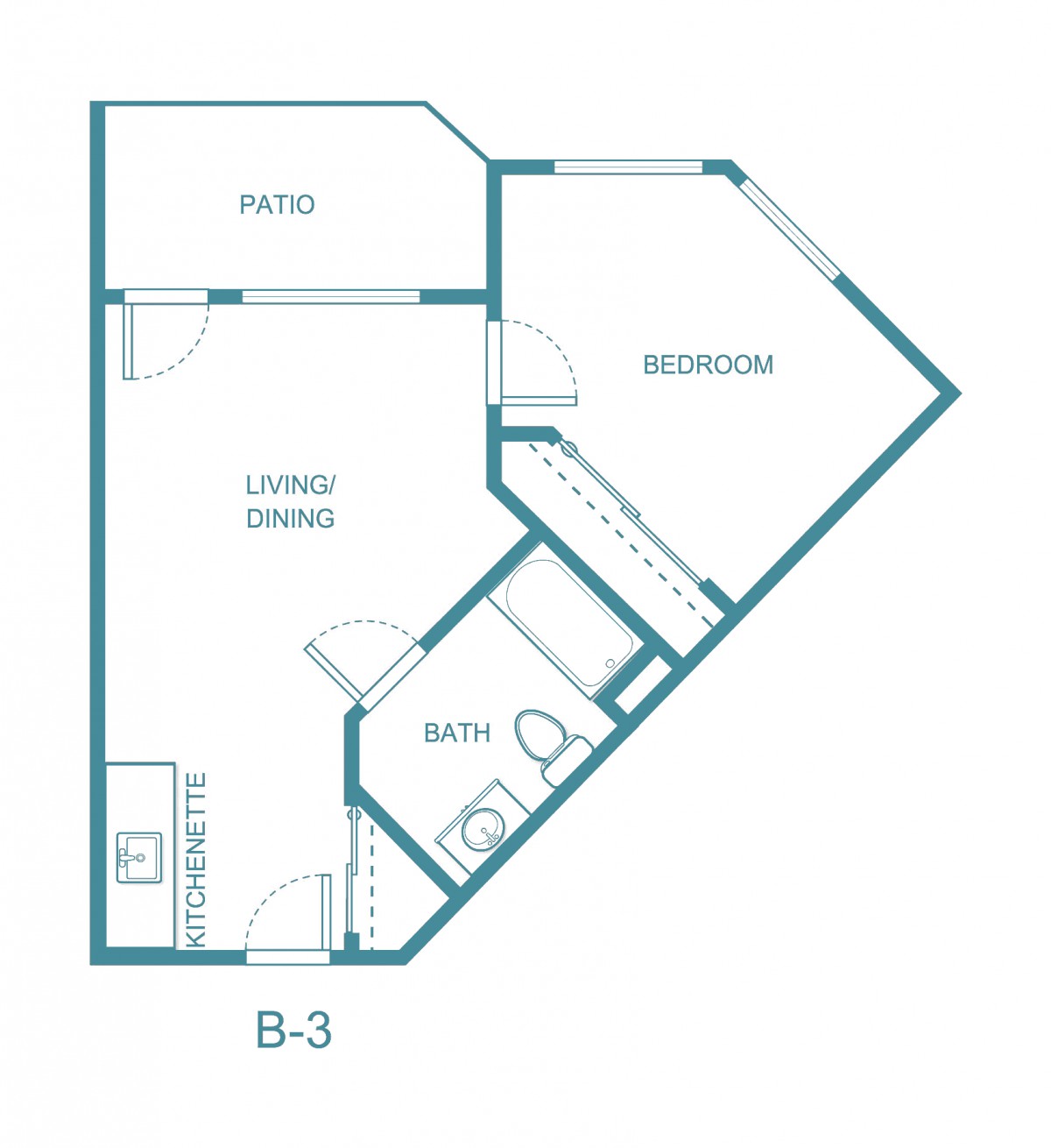Floor plan of a one-bedroom apartment with labeled areas.