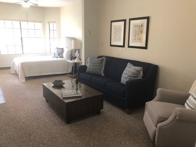 A cozy living room featuring a navy sofa, coffee table, and framed artwork on the wall.